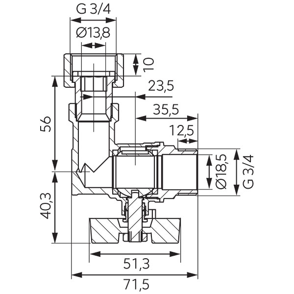 Angle ball valve with butterfly placed under the body and 3/4 half-union, female-male