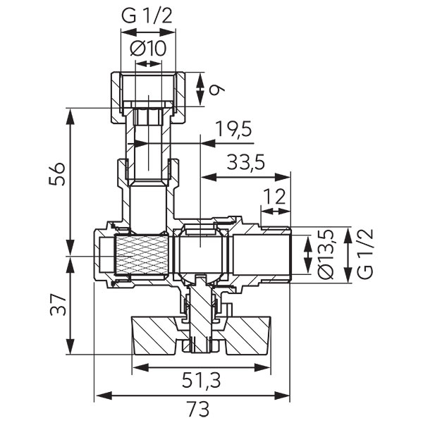 Angle ball valve with butterfly placed under the body and 1/2 half-union, female-male