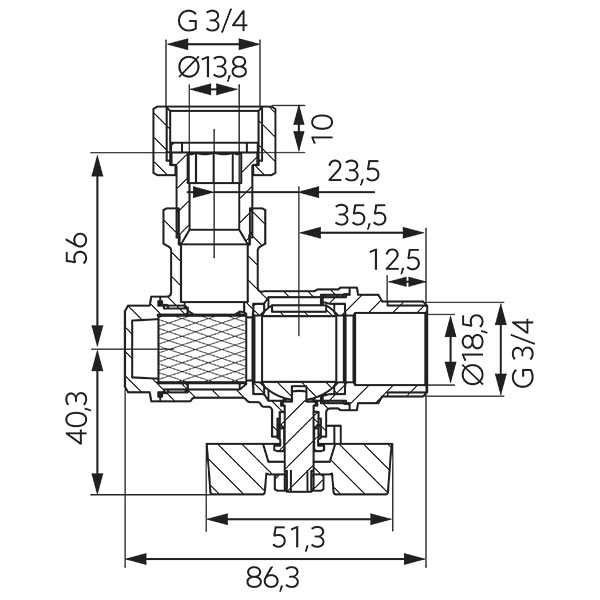 Angle ball valve with butterfly placed under the body and 3/4 half-union, female-male