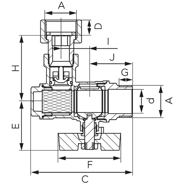 Angle ball valve with butterfly placed under the body and with filter, check valve and half-union, female-male