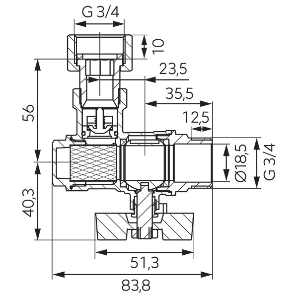 Angle ball valve with butterfly placed under the body and with filter, check valve and 3/4 half-union, female-male