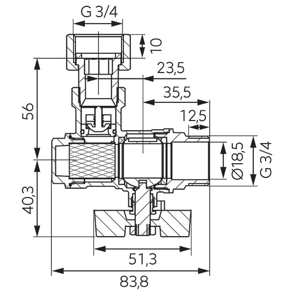 Angle ball valve with butterfly placed under the body and with filter, check valve and half-union, female-male