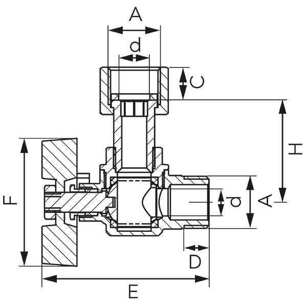 Angle ball valve with butterfly and half-union, female-male