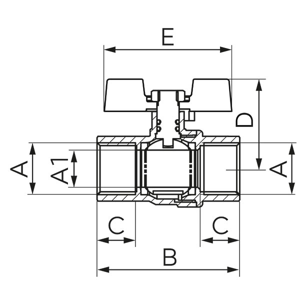 Robinet cu bila pentru gaz interior-interior, tip G61, cu maner fluture