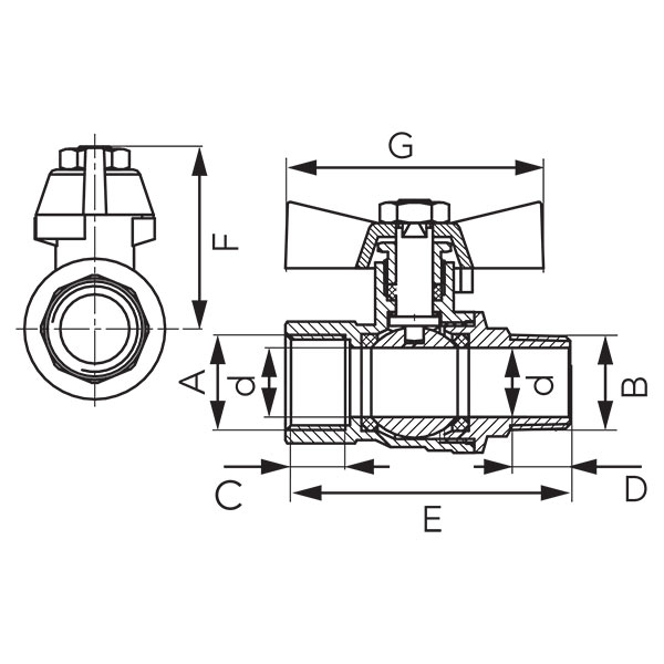 V17 Herkules type ball valve male-female with butterfly gland, full-flow, reinforced