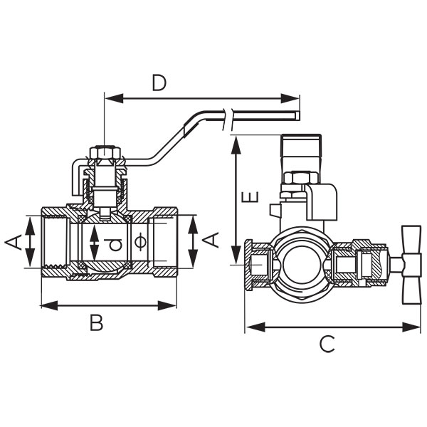 Water ball valve with gland vent and stopper, female-female