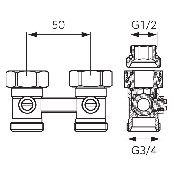 Robinet radiator dublu pentru radiatoare cu racordare inferioara, drept