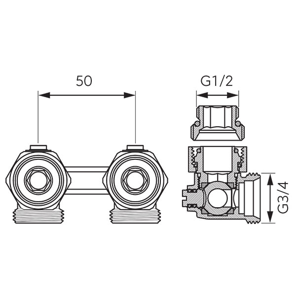 Double valve for bottom connected radiators, angle