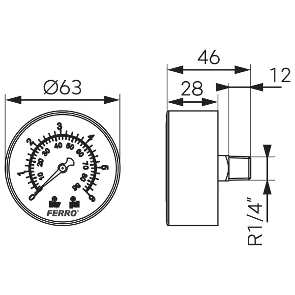 63 mm 1/4 "aksijalni manometar tlaka 0-6 bara