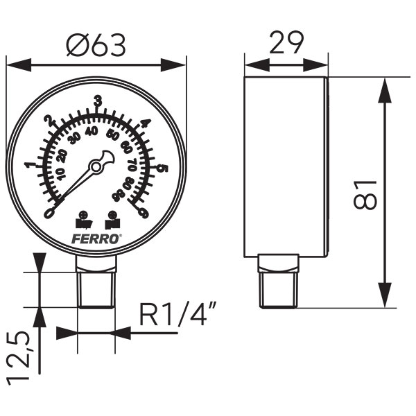 Radialinis manometras 6 barų, 63 mm, 1/4"