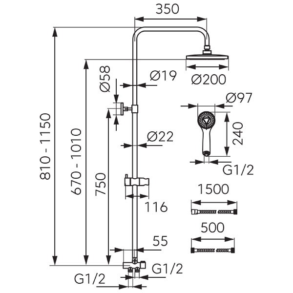 Wizard - sliding shower set with rainfall