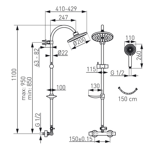 Trinity - rainfall shower system and thermostatic mixer, chrome
