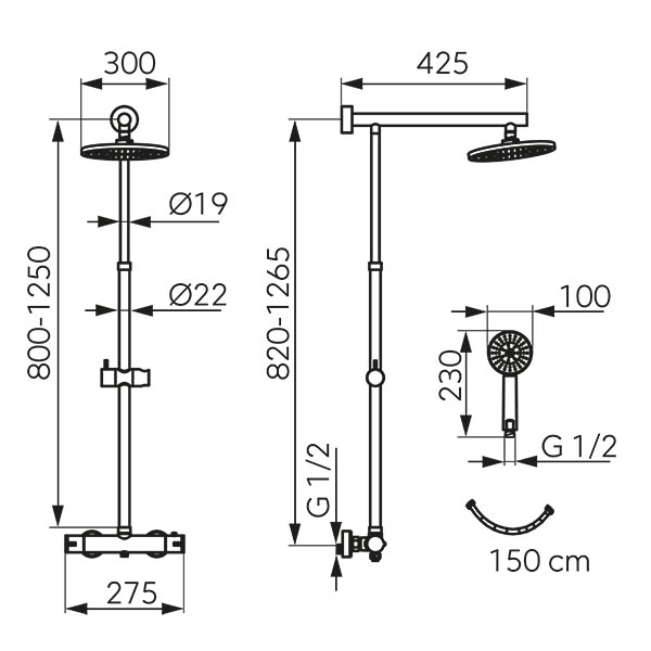 Trevi - Sistem de dus cu baterie termostatata, gun metal