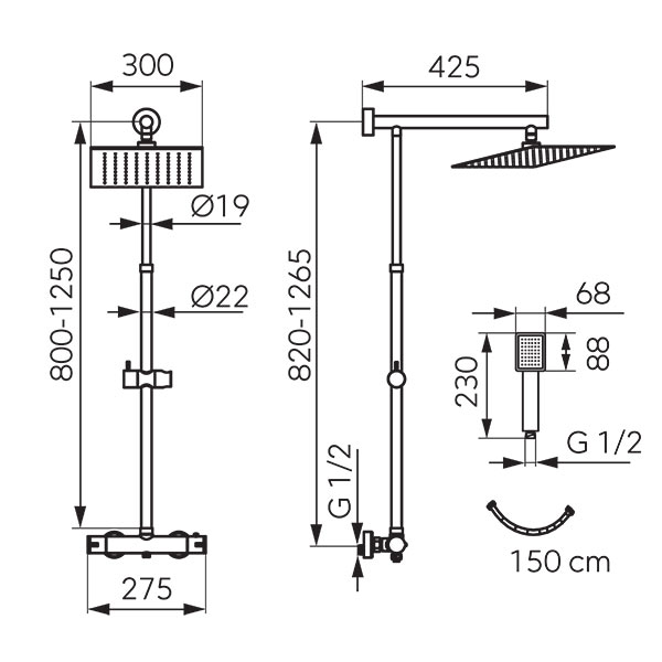 Trevi Square Black - rainfall shower system and thermostatic mixer