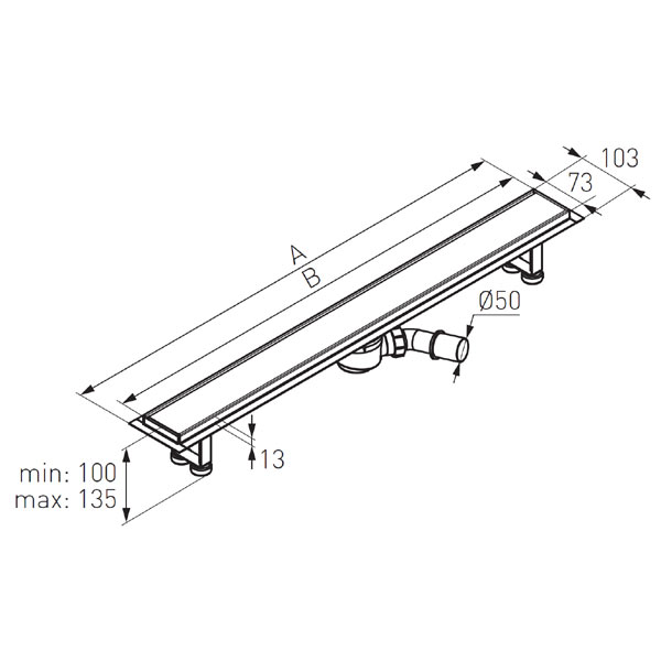 Linear drain installed under floor tiles, black mat