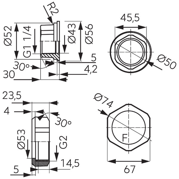 Poluholender za pumpe od lijevanog željeza 2"x5/4"