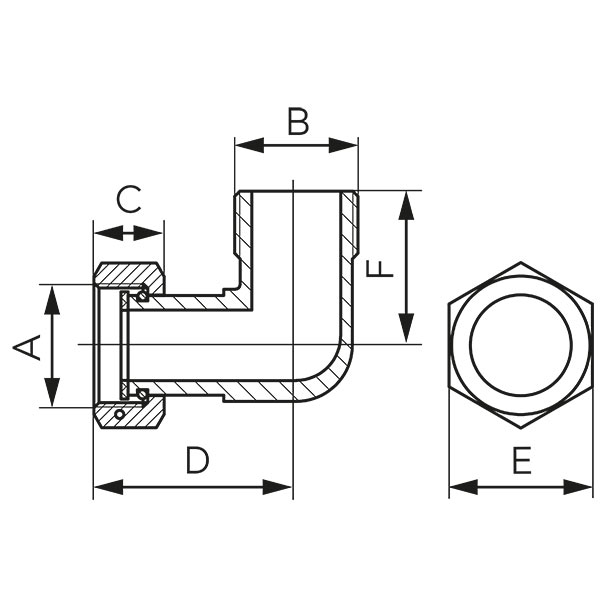 Angle half pipe union with gasket, F-M