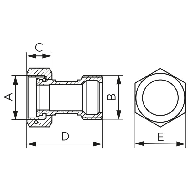 Straight half pipe union with gasket, F-M