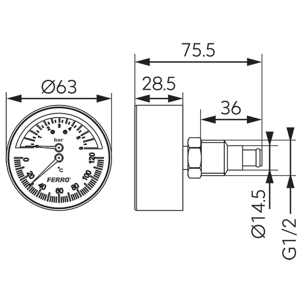 Термоманометр аксиальный Ø 63 мм, 0-6 бар, 0-120˚, ½”, в коробке