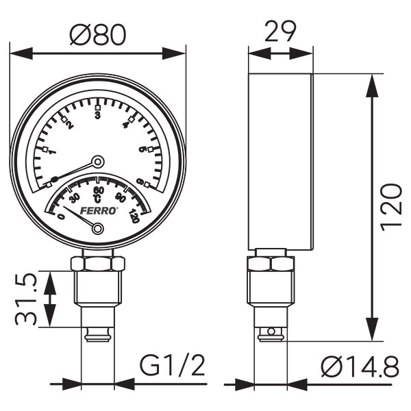 Termomanométer hátsó csatlakozású 0-120 °C, 6 bar