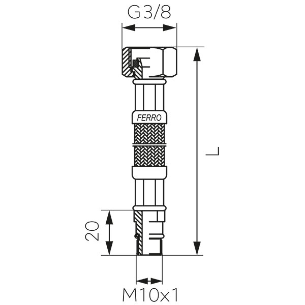 Acélborítású flexibilis bekötőcső vízre (csaptelep bekötőcső) 3/8" x M10x1 rövid véggel