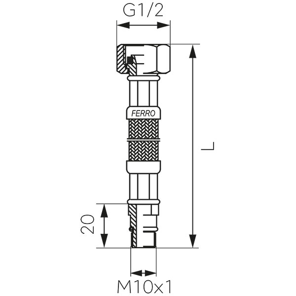 Stainless steel braided connection hose 1/2”×M10×1, with short tip