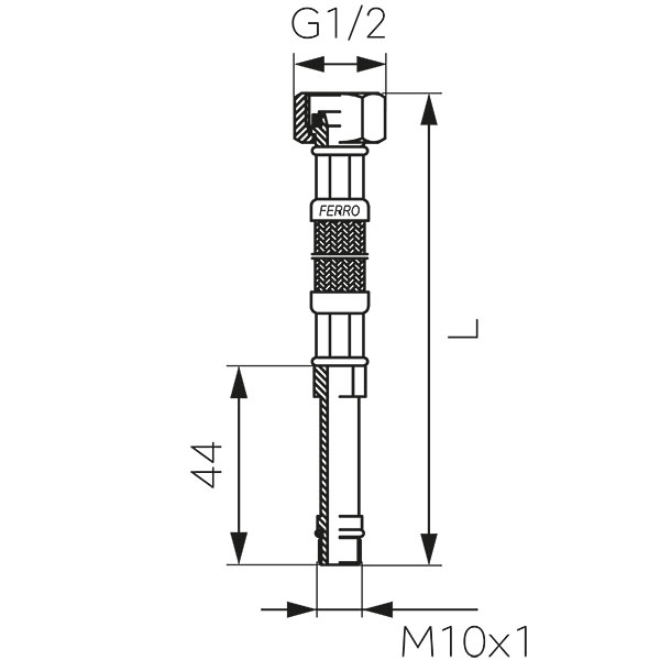 Acélborítású flexibilis bekötőcső vízre (csaptelep bekötőcső) 1/2" x M10x1 hosszú véggel
