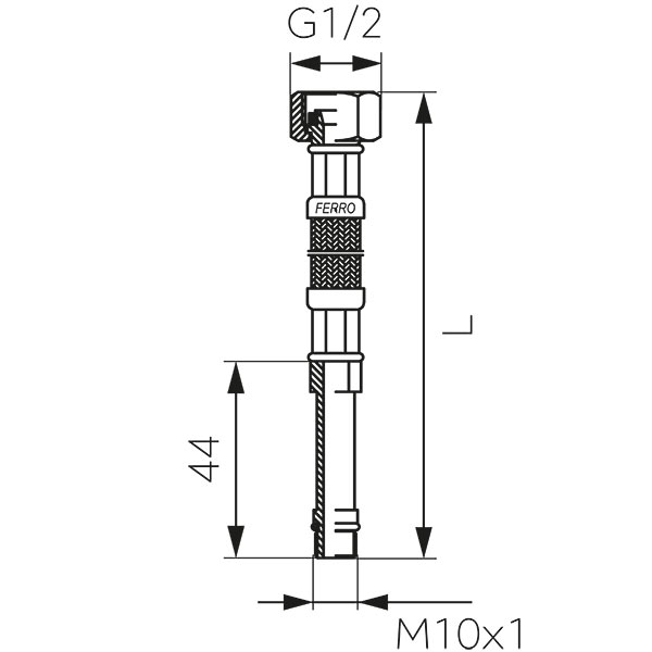 Оплетен в неръждаема стомана шлаух 1/2”xM10x1 с дълъг накрайник