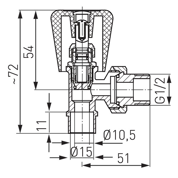 Forrasztható előremenő sarok radiátorszelep rézcsőre 1/2" x 15mm