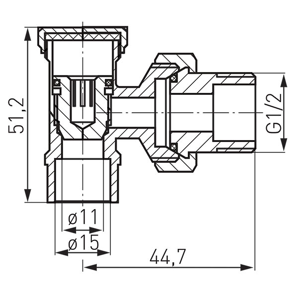 Forrasztható visszatérő sarok radiátorszelep rézcsőre 1/2" x 15mm