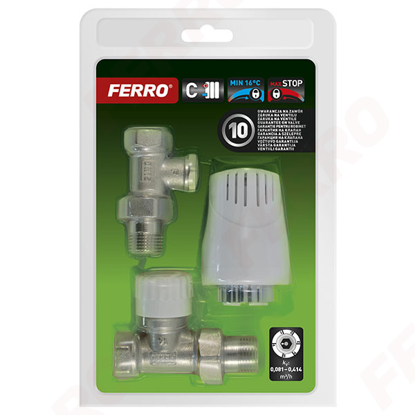Straight 1/2” thermostatic set with valve with presetting with pre-setting and thermostatic head with 16°C limit
