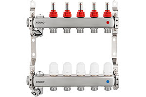 F-Comfort - Stainless steel manifold with thermostatic valves, flow meter, manual air vent, drain valve and stainless steel plug